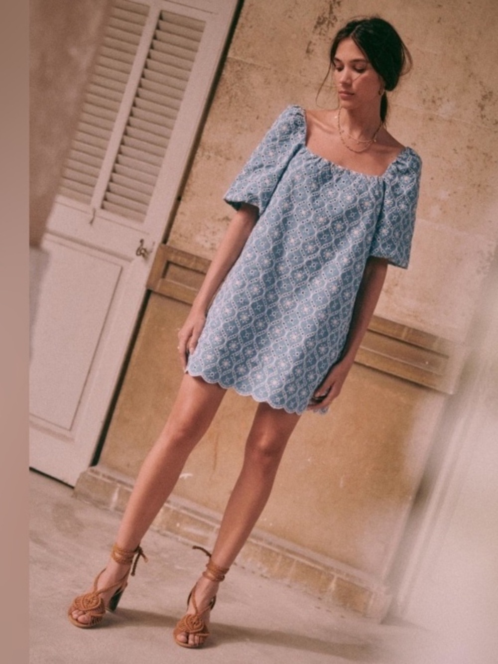 Sézane Dorice Dress | Size 8 (FR 40) | Embroidered Babydoll Mini Blue Ecru NWT